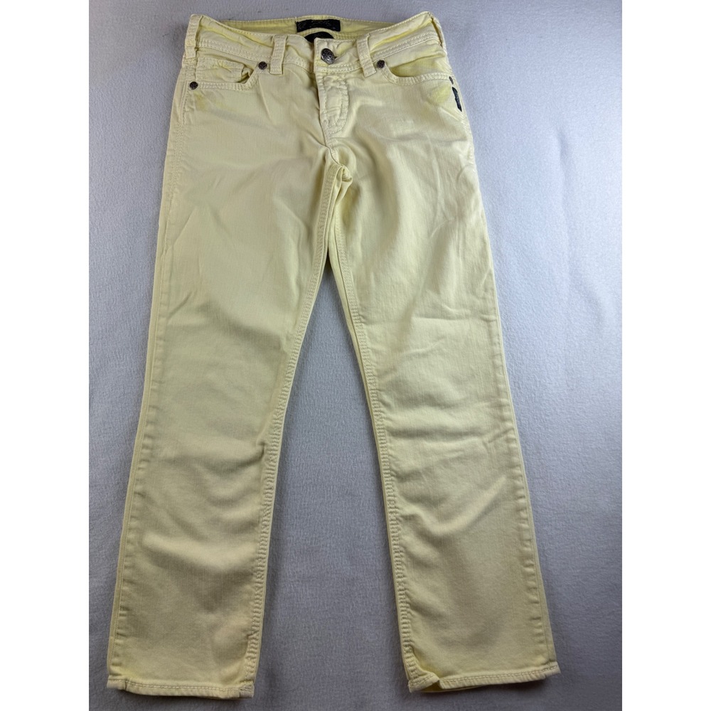 Silver Jeans Suki Capri Jeans Yellow Denim Embellished Pockets Women's Size 26‎